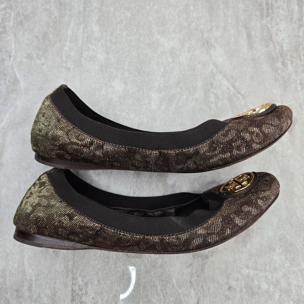 Tory Burch Ballet Flats Size 8 Animal Print Metallic Dressy Logo Ballerina Shoes - Picture 6 of 11